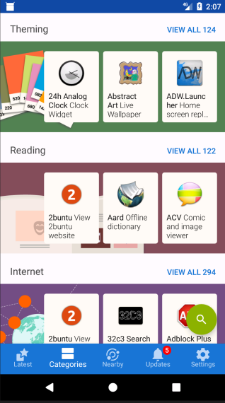 "Categories" screen